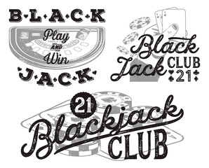 Set of vintage Blackjack badges for print on T-shirts, printed products and publications on the Internet. Vector illustration