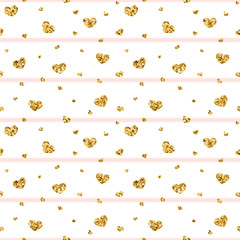 Gold heart seamless pattern. Pink-white geometric stripes, golden confetti-hearts. Symbol of love, Valentine day holiday. Design wallpaper, background, fabric texture. Vector illustration