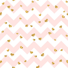 Gold heart seamless pattern. Pink-white geometric zig zag, golden confetti-hearts. Symbol of love, Valentine day holiday. Zigzag design wallpaper, background, texture. Vector illustration