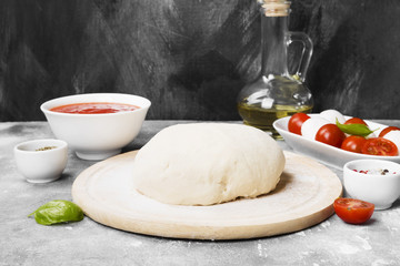 Pizza dough and ingredients for pizza on gray background