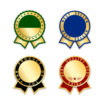 Award ribbons isolated set. Gold red design medal, label, badge, certificate. Symbol best sale, price, quality, guarantee or success, achievement. Golden ribbon award decoration. Vector illustration