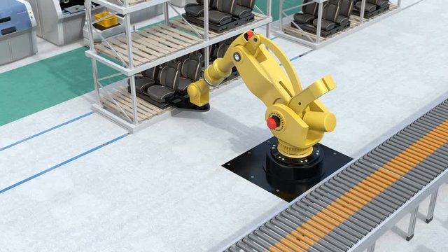Yellow heavyweight robotic arm carrying vehicles seats for assembly. 3D rendering animation.