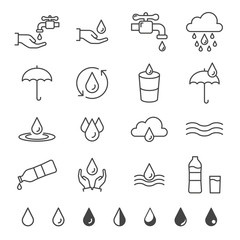 Water and drop icon set in thin line style. Vector illustration.