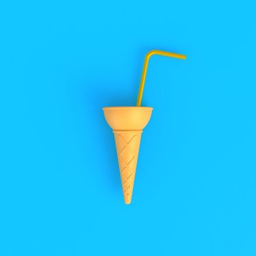 Ice cream cone with white drinking straws abstract minimal blue background, Food concept, 3d rendering