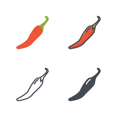 Red hot chili pepper vegetable food icon vector flat silhouette line colored
