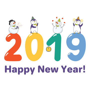 Hand drawn Happy New Year 2019 greeting card, banner template with cute funny cartoon penguins, snowmen on big numbers, celebrating, text. Isolated objects. Vector illustration. Design concept.