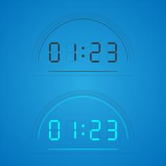 Transparent clock on display. Set of hours projected on the screen. Vector clock black and blue.