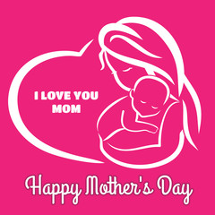 Happy Mother's Day card with silhouette of a mother and her child. Vector illustration.