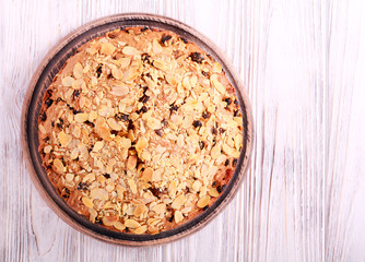 Fruit cake with almond topping