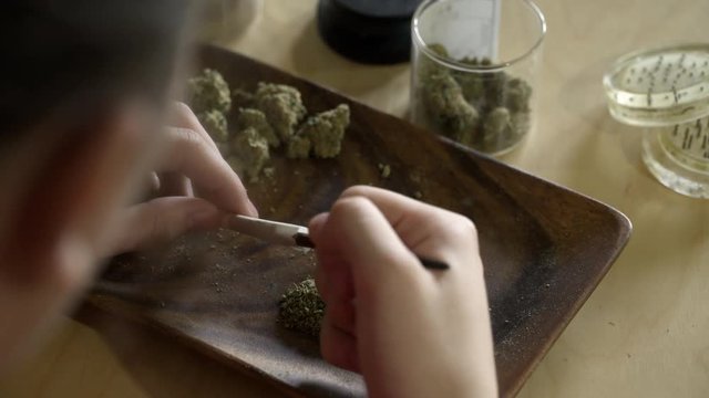 Close up of person filling rolled filtered joint.