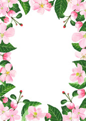 Flower border frame with watercolor. Texture with pink flowers and apple tree leaves. Suitable for invitations, greeting cards, weddings.