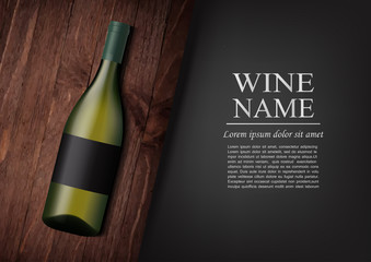 Advertising banner.A realistic bottle of white wine with black label in photorealistic style on wooden dark board,black background like chalk board,text.Wine presentation brochure.Vector illustration