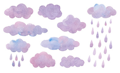 Set of watercolor clouds with rain isolated on white background. Hand drawn artistic illustration. Hand painting on paper.