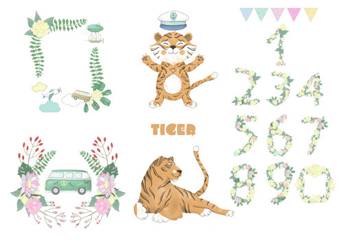 tiger digital clip art cute animal and flowers for card, posters, on white background for celebration