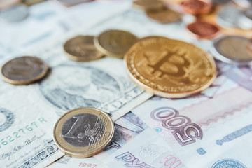 Bitcoin, euro, dollar and rubles
