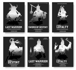 Ancient warriors vector brochure cards set. Old battlefield template of flyear, magazines, poster, book cover, banners. Active lifestyle invitation concept background. Layout  modern page