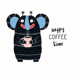 Foto op Canvas Hand drawn vector illustration of a cute funny monster holding a mug cup, with lettering quote Happy coffee time. Isolated objects on white background. Concept for children print. © Maria Skrigan