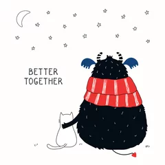 Foto op Canvas Hand drawn vector illustration of a cute funny monster and a cat, watching moon and stars, with lettering quote Better together. Isolated objects on white background. Concept for children print. © Maria Skrigan
