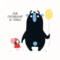 Foto op Aluminium Hand drawn vector illustration of a cute big monster and little girl with cotton candy, with lettering quote Our friendship is magic. Isolated objects on white background. Concept for children print. © Maria Skrigan