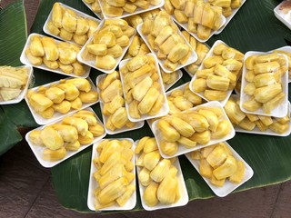 Jackfruit in foam wrap, jackfruit shelled Asian-style.