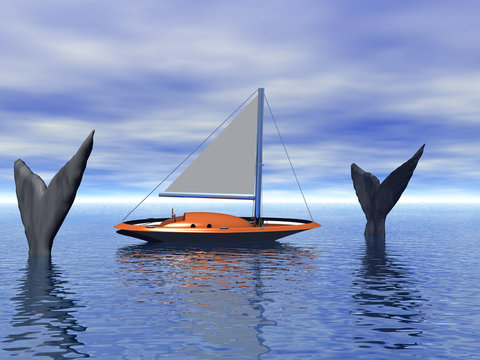Seegelboot zwischen Walen