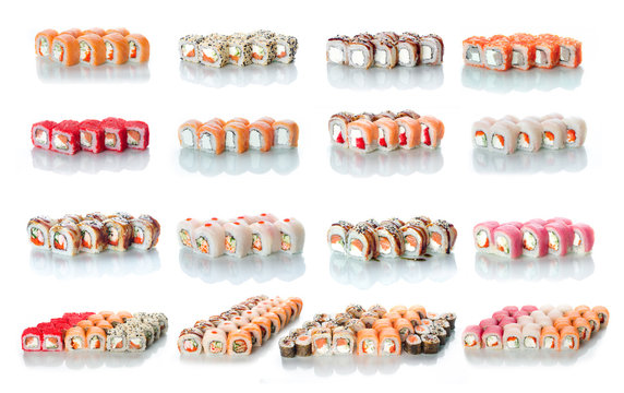 the sets of rolls of sushi collage a lot different on a white background in different colors for the menu or website