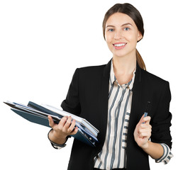 Young woman in formal outfit holding a stack of documents isolated on white background