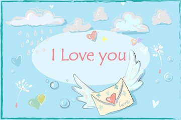 Vector doodle style illustrated mail envelope with pink heart painted with calligraphic love lettering for holiday of love, Valentines day.