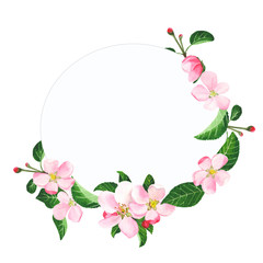 Round frame with flowers in watercolor. Texture with pink flowers of the apple tree. Suitable for invitations, inscriptions, weddings, postcards.