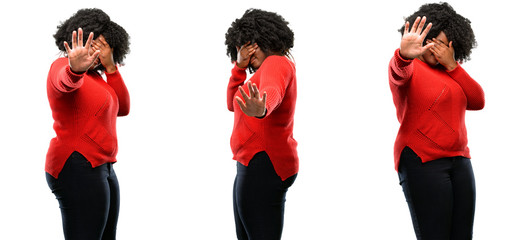 Young beautiful african plus size model stressful and shy keeping hand on head, tired and frustrated isolated over white background. Collection composition 3 figures collage