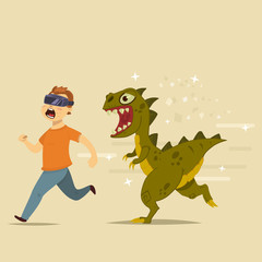 Man with virtual reality glasses running away from dinosaur T-Rex. Cartoon vector illustration.
