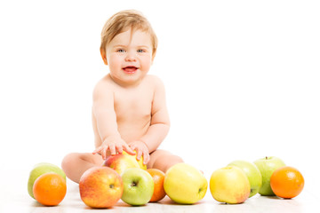 Fototapeta na wymiar Fruit for Baby, Happy Child Girl with Apples sitting Isolated over White Background, Kid one year old