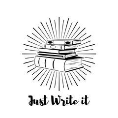 Stack of books. Writer badge.  illustration isolated on white