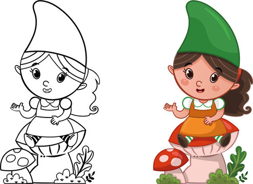 Cartoon Gnome Character For Coloring Page Activity. (Vector illustration)