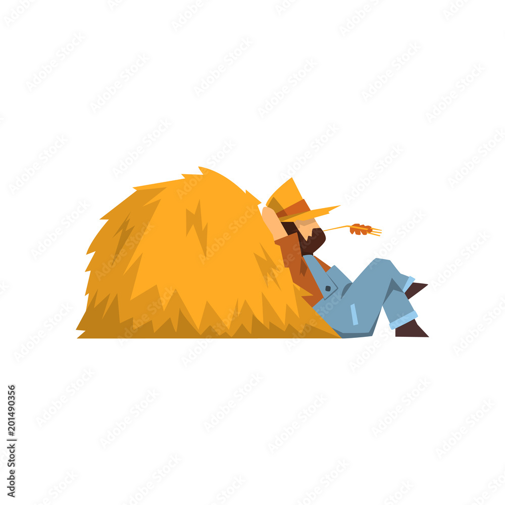 Sticker Tired farmer resting sitting by the haystack vector Illustration on a white background