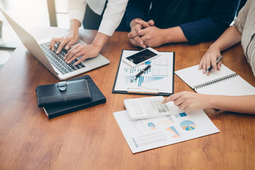 Fototapeta premium Business team colleagues meeting to conference professional investor working a new marketing business strategy project discussion and analysis data chart and graph, finance and accounting concept