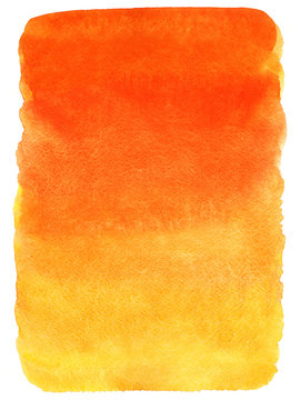 Fire, flame, tropical or sunset colors watercolor abstract background. Red, orange, yellow vertical gradient fill with uneven rough edges and paper texture. Hand drawn aquarelle template.