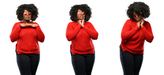 Young beautiful african plus size model happy and surprised cheering expressing wow gesture isolated over white background. Collection composition 3 figures collage