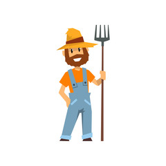 Male farmer with pitchfork, farm worker with gardening tool vector Illustration on a white background