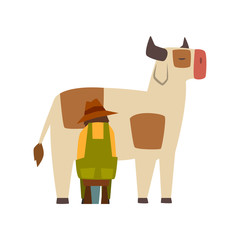 Male farmer milking cow, farm worker at work vector Illustration on a white background
