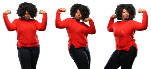 Young beautiful african plus size model showing biceps expressing strength and gym concept, healthy life its good isolated over white background. Collection composition 3 figures collage