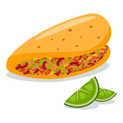 Taco with lime slices. Mexican food vector cartoon flat icon isolated on white background.