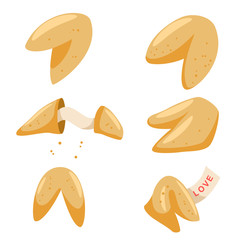 Chinese fortune cookies flat food vector set isolated on white background.