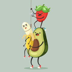 Suicide prevention concept illustration. Avocado and strawberry cut knot and save banana from death vector cartoon fruits characters isolated on background.