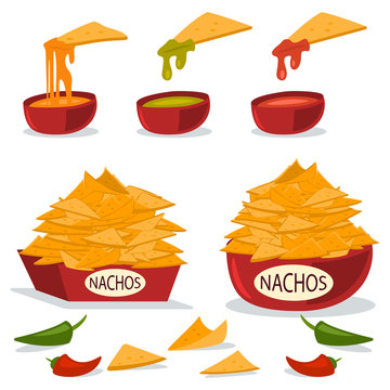 Nachos in a plate with cheese, chili and guacamole sauces. Vector cartoon flat illustration of Mexican food isolated on white background.