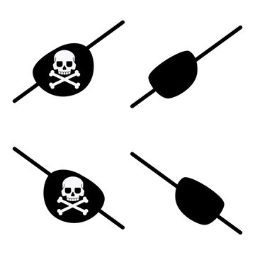 Black pirate eye bandage with a skull and crossbones for the left and right eyes. Vector flat icons of patch isolated on white background.