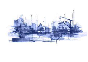 Watercolor art illustration. Beautiful splash of paint, stain, background. Silhouettes industrial city zone,port, building, urban landscape. Watercolor logo, blue, black, purple drawing.
