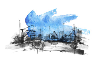 Watercolor art illustration. splash of paint, stain, background. black Silhouettes industrial city zone, urban landscape, blue splash of paint Watercolor logo, drawing on a white background. 