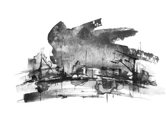Watercolor art illustration. splash of paint, stain, background. black Silhouettes industrial city zone, urban landscape. Watercolor logo, drawing on a white background. Ecological poster, pollution
