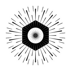 Retro Sun burst shape. Vintage logo, label, badge. Vector design element, isolated. Minimal black firework burst